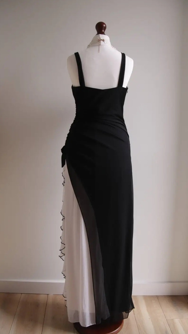 Black V-neck Chiffon Ball Dress White Ruffle Party Dress