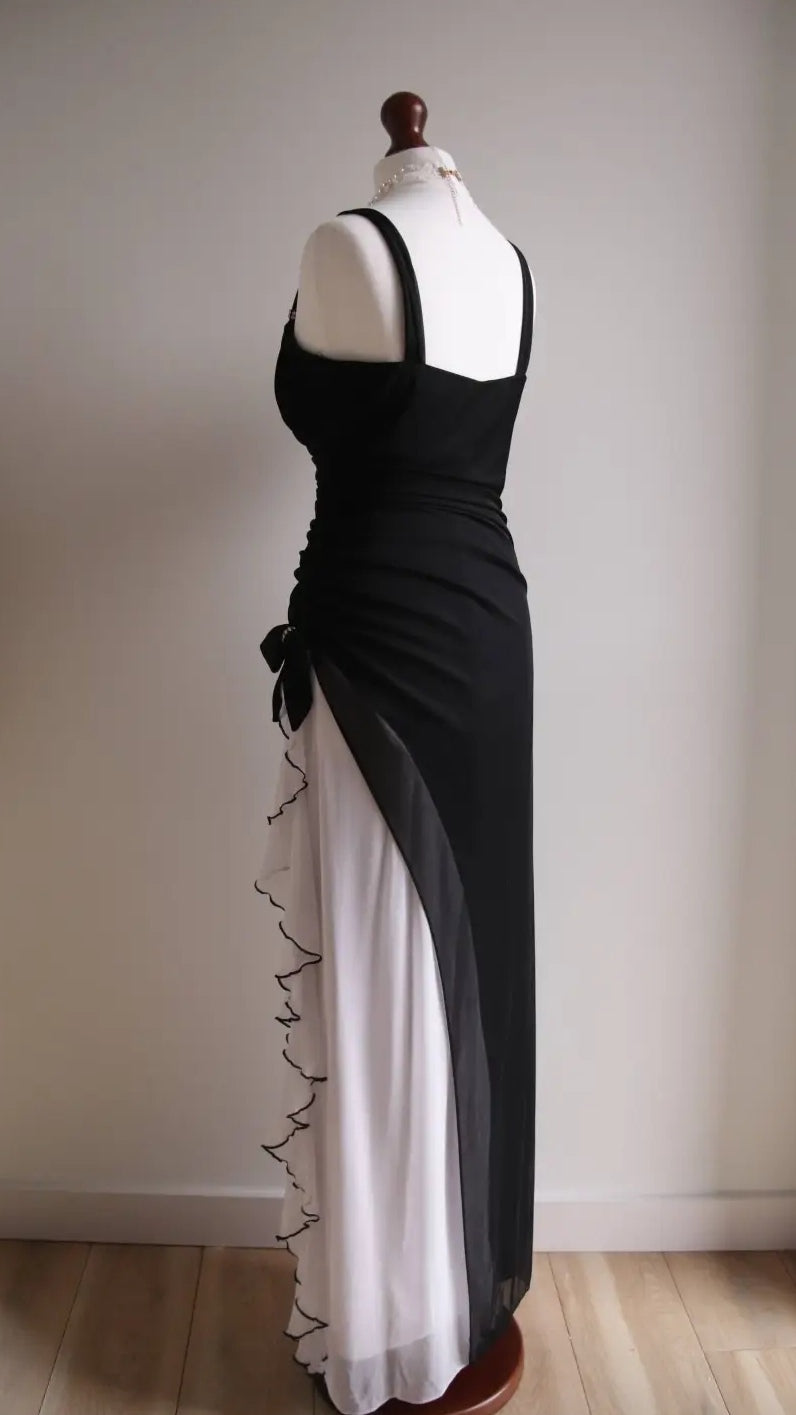 Black V-neck Chiffon Ball Dress White Ruffle Party Dress