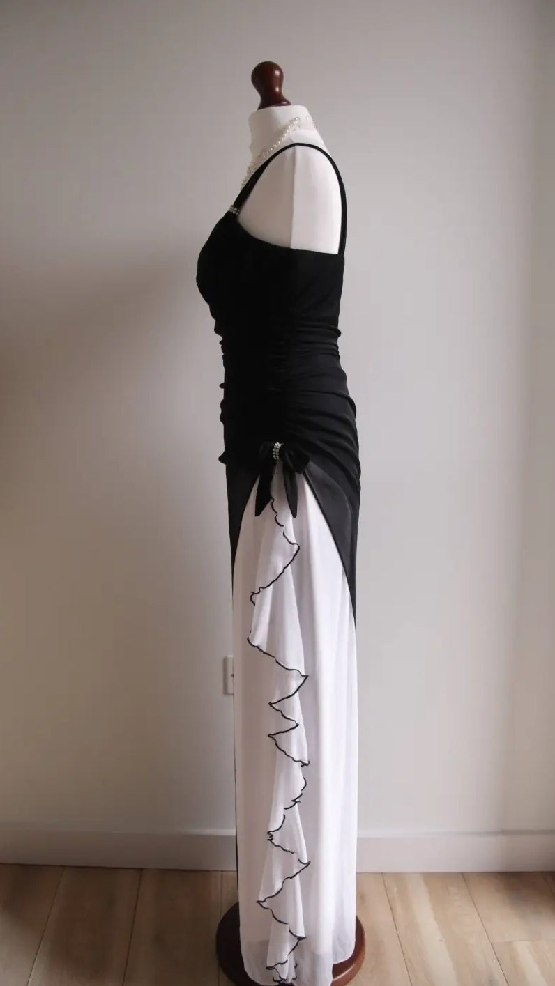 Black V-neck Chiffon Ball Dress White Ruffle Party Dress