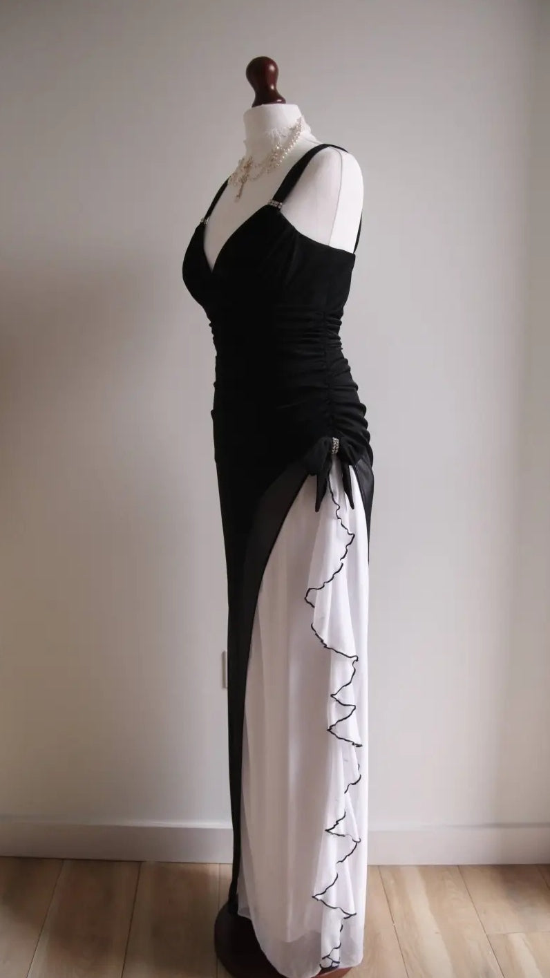 Black V-neck Chiffon Ball Dress White Ruffle Party Dress