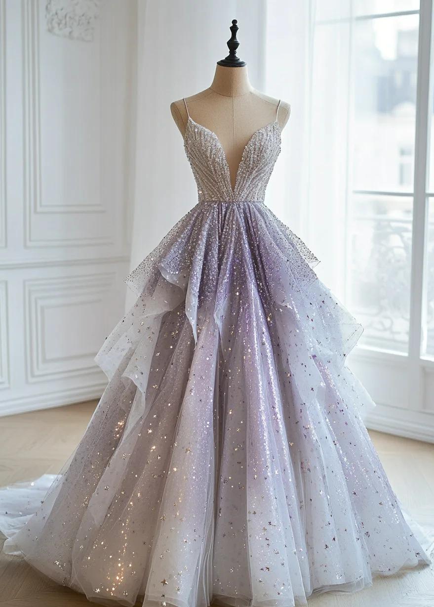 Märchenhaftes A-Linien-Ballkleid mit Spaghettiträgern, Tüll und Pailletten, tiefem V-Ausschnitt, mehrlagigem langem Ballkleid, formellem Abendkleid ED01968