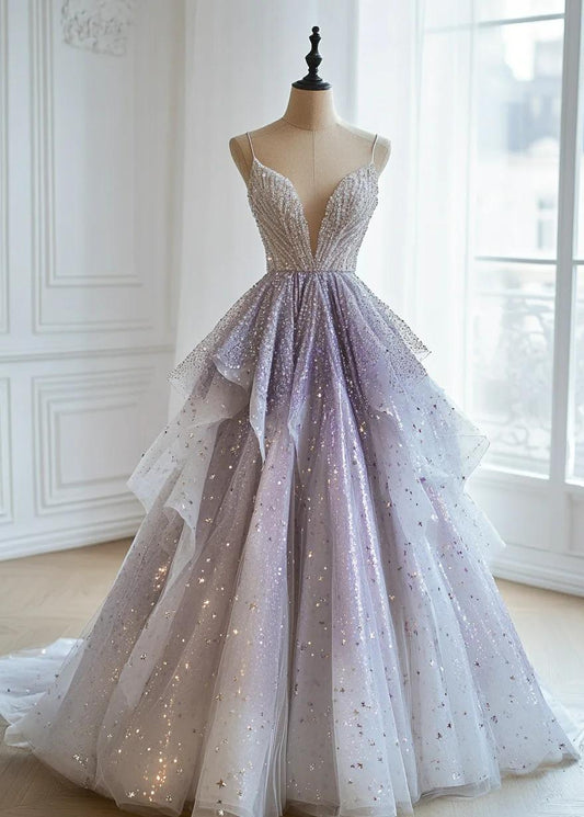 Märchenhaftes A-Linien-Ballkleid mit Spaghettiträgern, Tüll und Pailletten, tiefem V-Ausschnitt, mehrlagigem langem Ballkleid, formellem Abendkleid ED01968