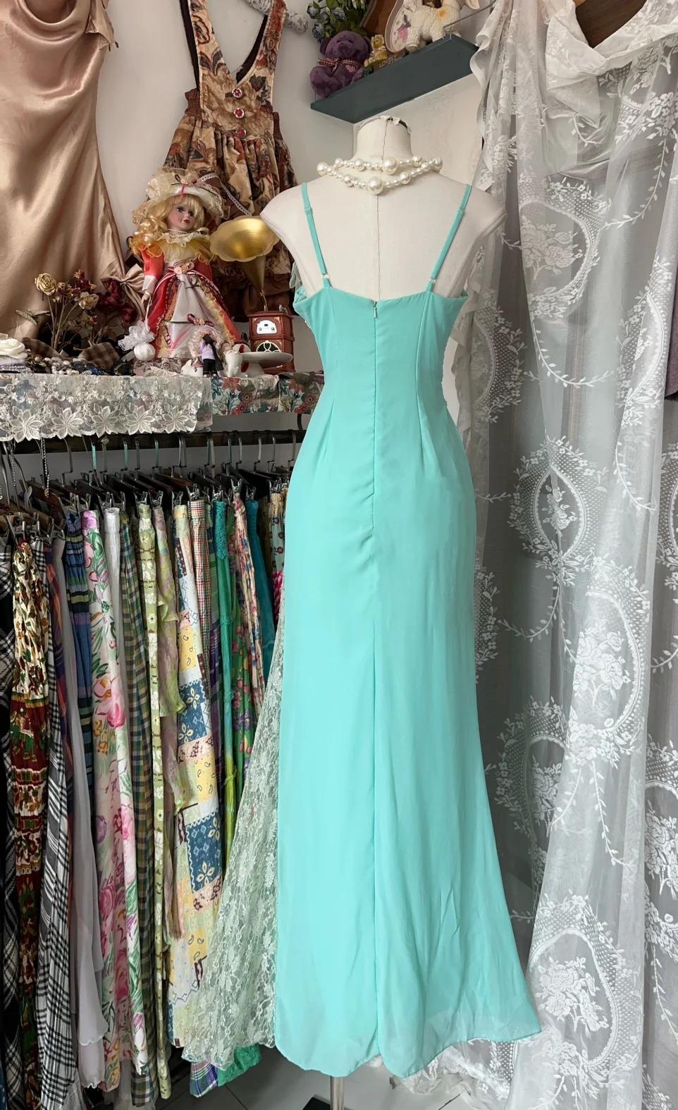 Süßes mintgrünes Spaghettiträger-Chiffon-Spitzen-Ballkleid mit figurbetontem Abschlussballkleid, elegantes Partykleid ED01969