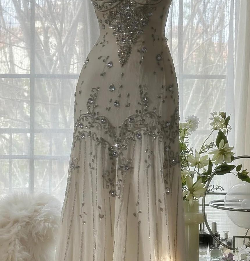 Elegant Spaghetti Straps Apricot Beaded Chiffon Mermaid Gowns Vintage Backless Prom Dress ED01970