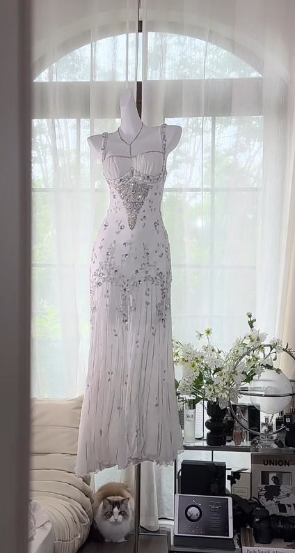 Elegant Spaghetti Straps Apricot Beaded Chiffon Mermaid Gowns Vintage Backless Prom Dress ED01970