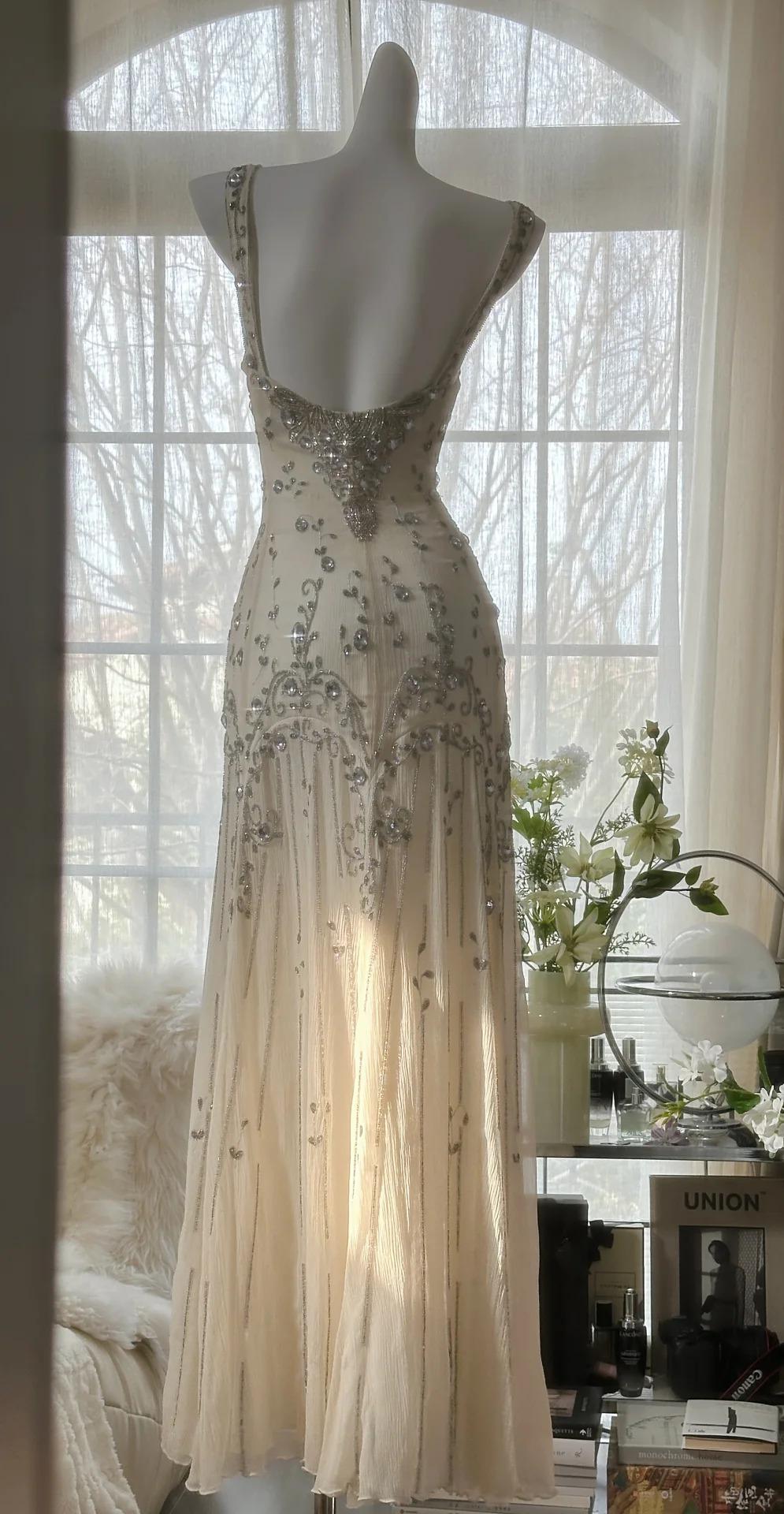 Elegant Spaghetti Straps Apricot Beaded Chiffon Mermaid Gowns Vintage Backless Prom Dress ED01970