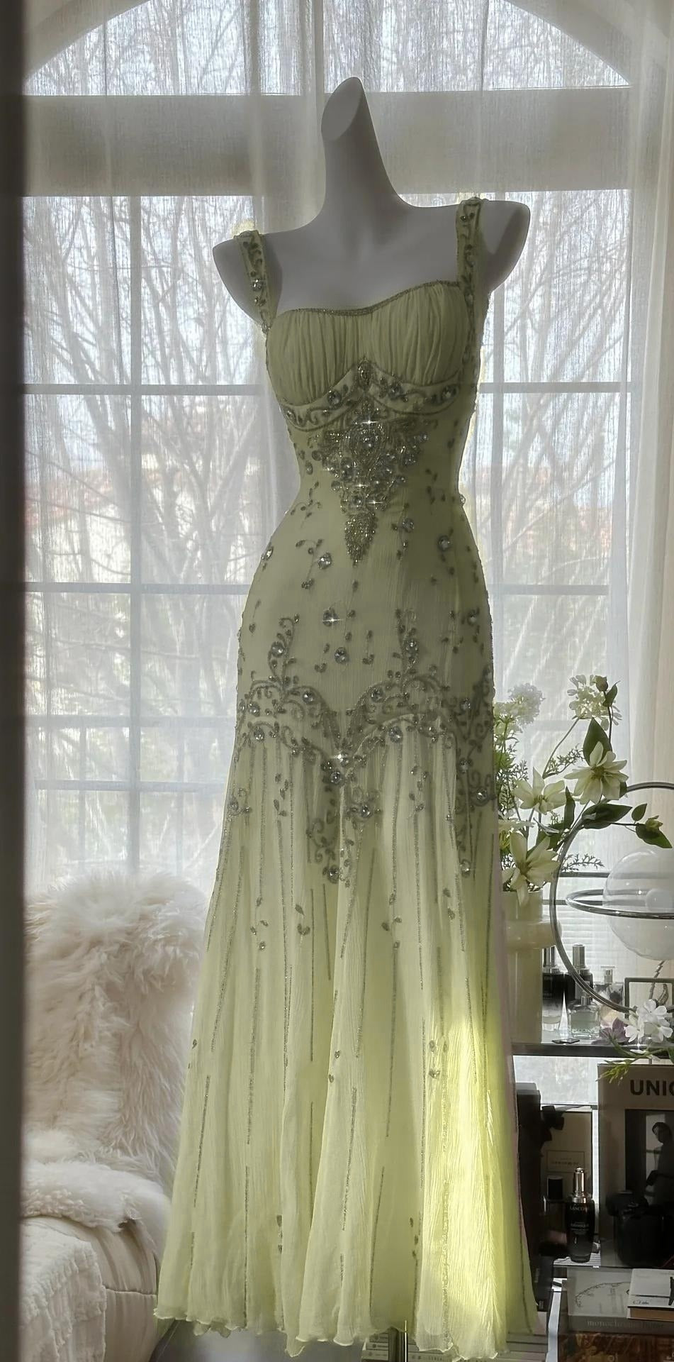 Elegant Spaghetti Straps Apricot Beaded Chiffon Mermaid Gowns Vintage Backless Prom Dress ED01970