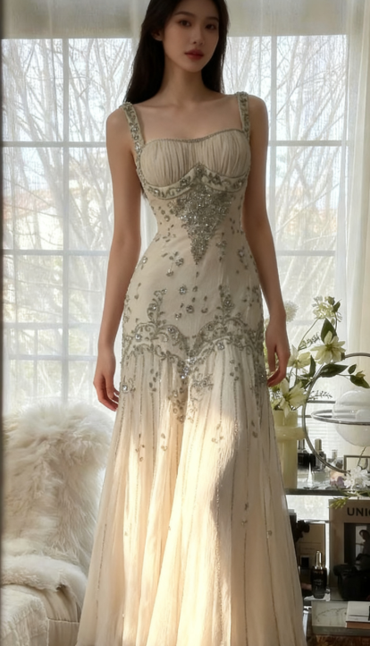 Elegant Spaghetti Straps Apricot Beaded Chiffon Mermaid Gowns Vintage Backless Prom Dress ED01970