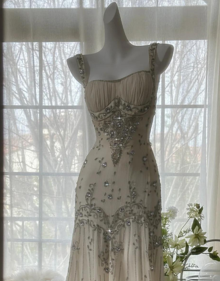 Elegant Spaghetti Straps Apricot Beaded Chiffon Mermaid Gowns Vintage Backless Prom Dress ED01970