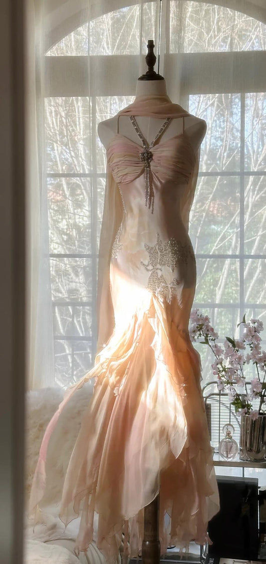 Robe de bal sirène en mousseline de soie ombrée à bretelles spaghetti style conte de fées, style vintage, dos nu, ED01971