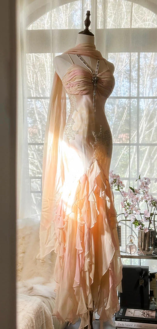 Robe de bal sirène en mousseline de soie ombrée à bretelles spaghetti style conte de fées, style vintage, dos nu, ED01971