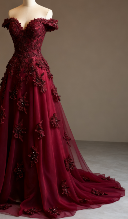 Wunderschönes rotes A-Linien-Abendkleid mit schulterfreiem, perlenbesetztem Tüll und langen Ärmeln, formelles Abendkleid mit Applikationen, ED01977
