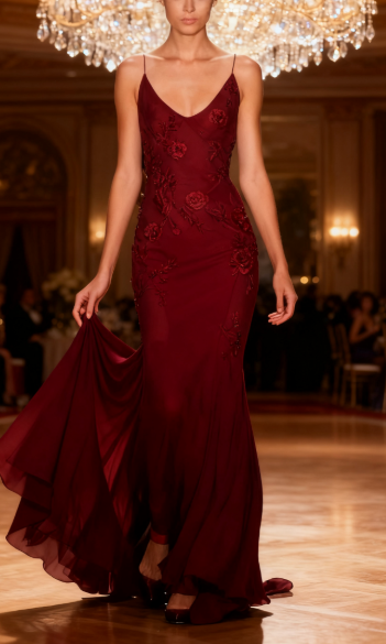 Robe de bal longue élégante bordeaux à bretelles spaghetti et dos nu en mousseline de soie ED01978