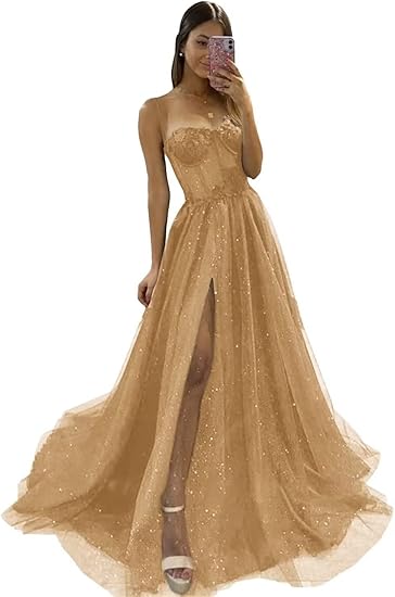 Elegant Black A-Line Tulle Sequin Long Prom Dress Spaghetti Strap Formal Evening Dress with Silt ED01981
