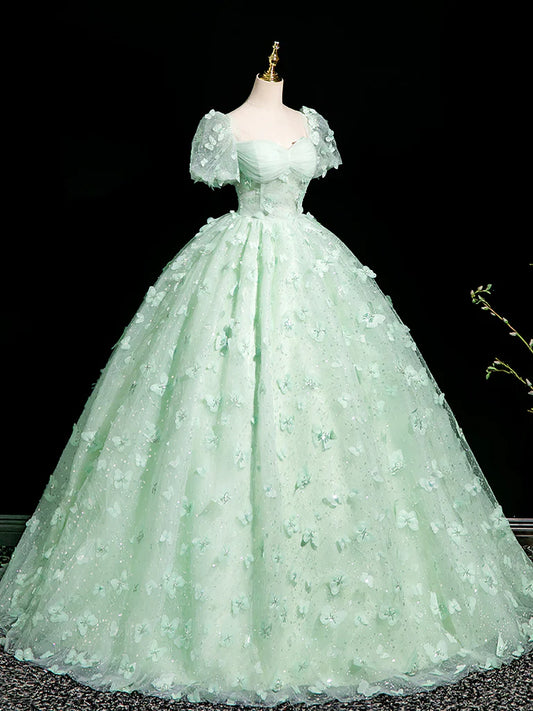 Robe de bal longue en tulle et dentelle, vert menthe, coupe trapèze, manches bouffantes, tenue de soirée ED01983