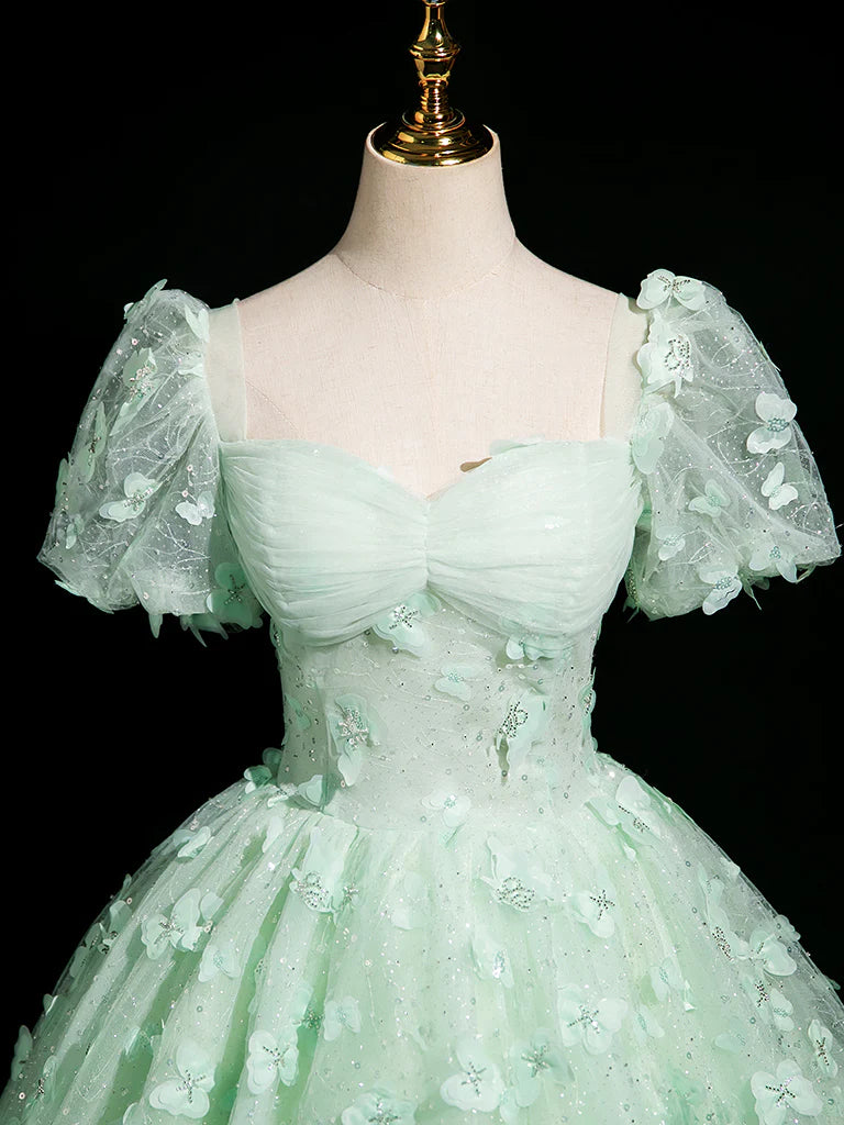 Robe de bal longue en tulle et dentelle, vert menthe, coupe trapèze, manches bouffantes, tenue de soirée ED01983