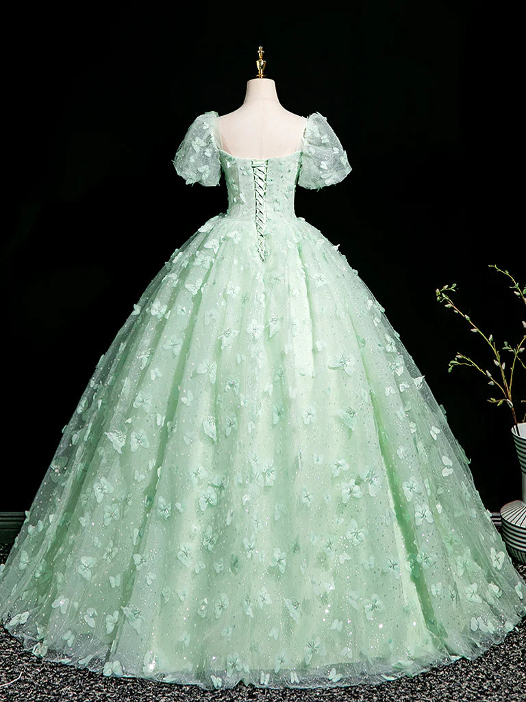 Robe de bal longue en tulle et dentelle, vert menthe, coupe trapèze, manches bouffantes, tenue de soirée ED01983