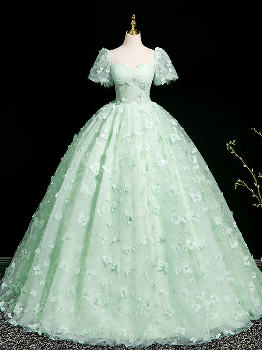 Robe de bal longue en tulle et dentelle, vert menthe, coupe trapèze, manches bouffantes, tenue de soirée ED01983