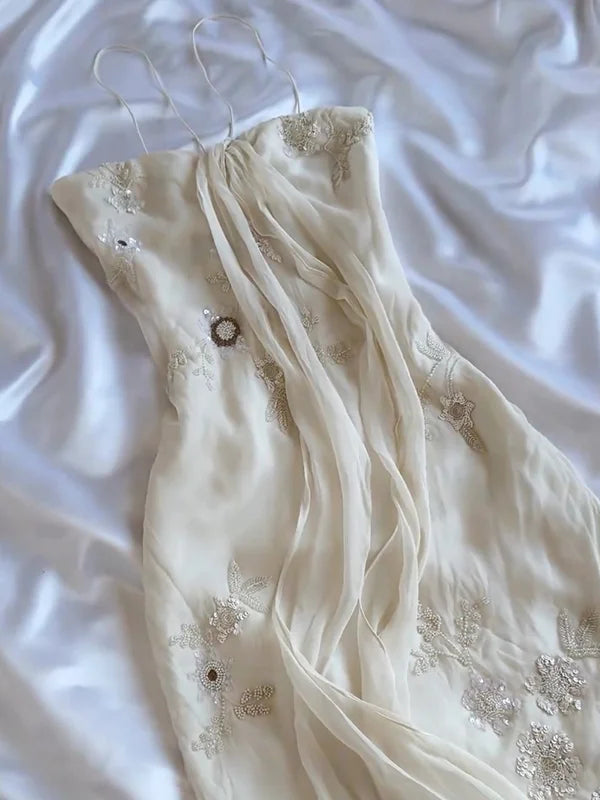 Vintage White Spaghetti Straps Chiffon Sheath Gentle Prom Dresses with Beading