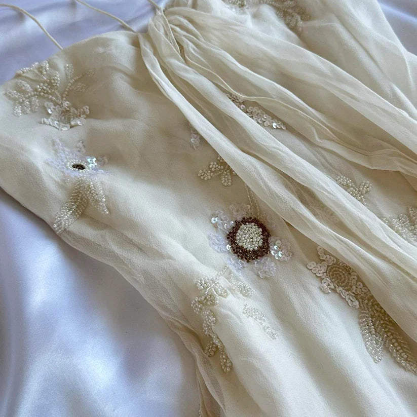 Vintage White Spaghetti Straps Chiffon Sheath Gentle Prom Dresses with Beading