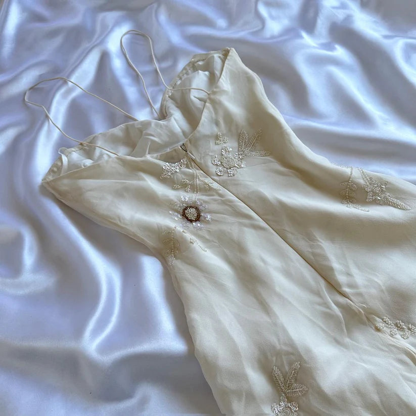 Vintage White Spaghetti Straps Chiffon Sheath Gentle Prom Dresses with Beading