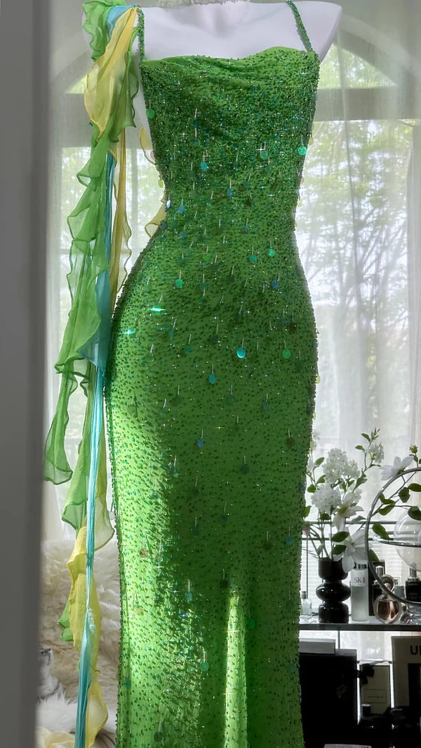 Fairytale Green Spaghetti Strap Mermaid Prom Dresses Sparkling Beaded Sequins Long Evening Dresses with Open Back ED01993