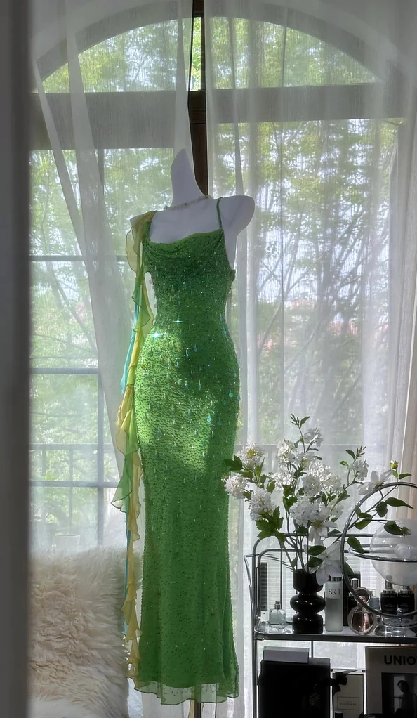 Fairytale Green Spaghetti Strap Mermaid Prom Dresses Sparkling Beaded Sequins Long Evening Dresses with Open Back ED01993