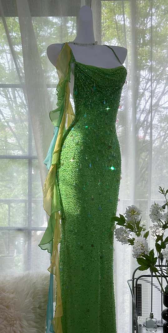 Fairytale Green Spaghetti Strap Mermaid Prom Dresses Sparkling Beaded Sequins Long Evening Dresses with Open Back ED01993