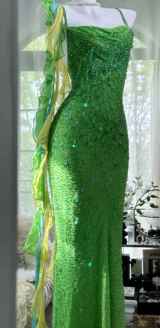 Fairytale Green Spaghetti Strap Mermaid Prom Dresses Sparkling Beaded Sequins Long Evening Dresses with Open Back ED01993