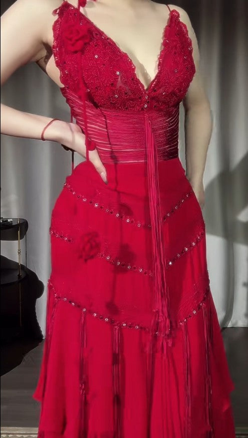 Vintage Rotes A-Linien-Chiffon-Partykleid mit V-Ausschnitt und glänzenden Perlen, Abendkleid ED02000