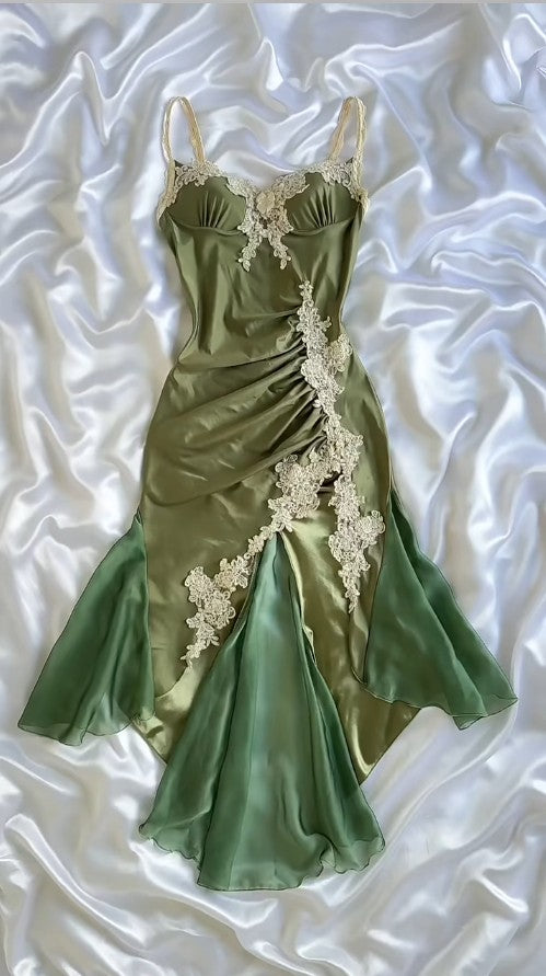 Elegant Olive Green Spaghetti Straps Satin Party Dress Vintage Lace Applique Chiffon Mermaid Evening Dress