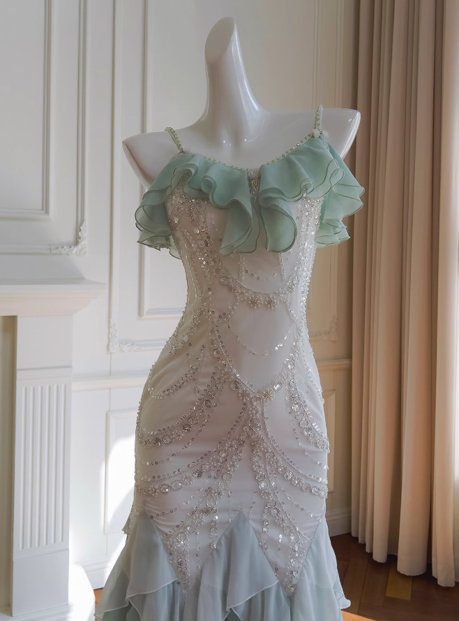 Fairytale Mint Green Spaghetti Straps Chiffon Ruffled Prom Dresses Shiny Beaded Sequined Backless Evening Dresses ED02006