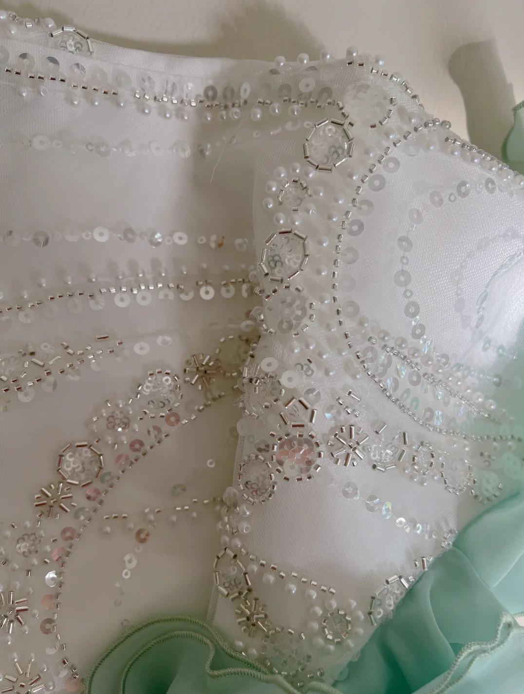 Fairytale Mint Green Spaghetti Straps Chiffon Ruffled Prom Dresses Shiny Beaded Sequined Backless Evening Dresses ED02006