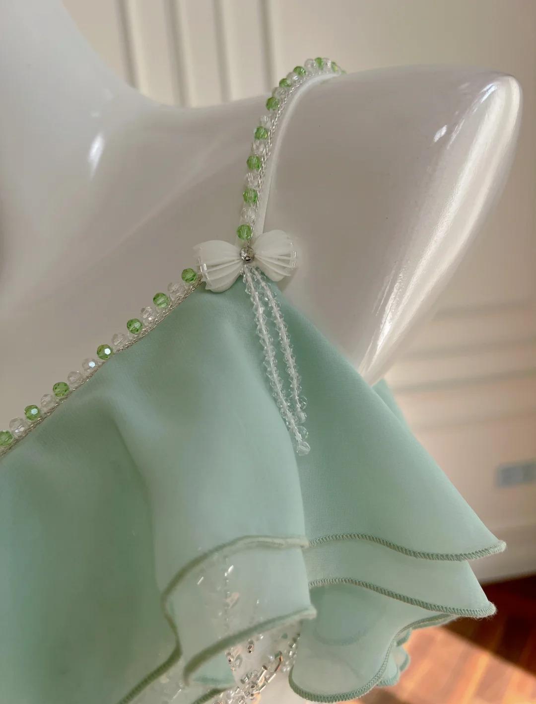 Fairytale Mint Green Spaghetti Straps Chiffon Ruffled Prom Dresses Shiny Beaded Sequined Backless Evening Dresses ED02006
