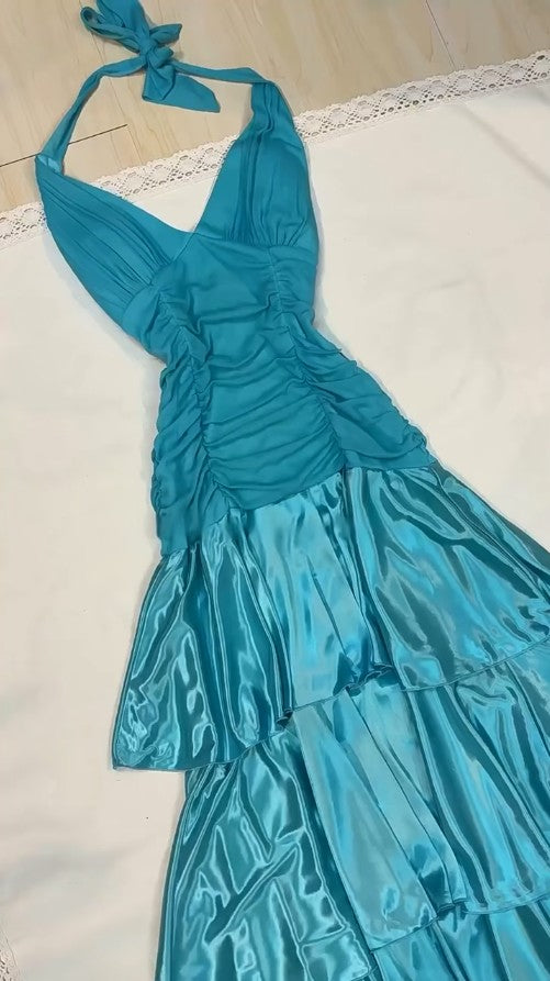 Vintage Turquoise Chiffon Halter A-line Long Prom Dresses Sweet  Backless Tiered Satin Party Dresses