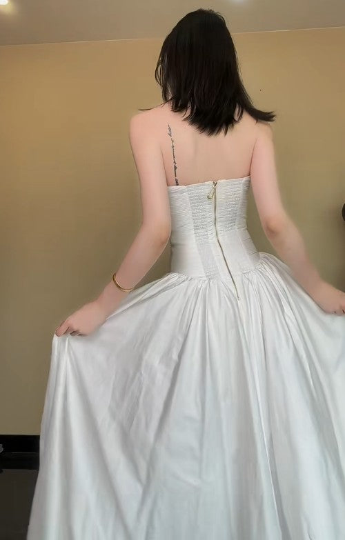 Fashion White Strapless Satin Pleated A-Line Bridesmaid Dresses Elegant Backless Evening Dresses with Sli