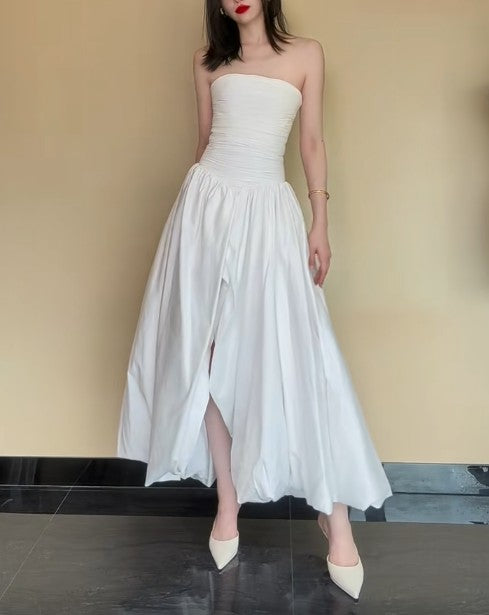 Fashion White Strapless Satin Pleated A-Line Bridesmaid Dresses Elegant Backless Evening Dresses with Sli