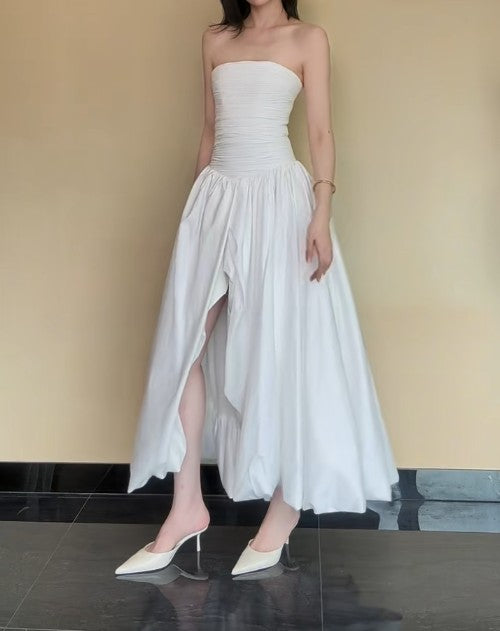 Fashion White Strapless Satin Pleated A-Line Bridesmaid Dresses Elegant Backless Evening Dresses with Sli
