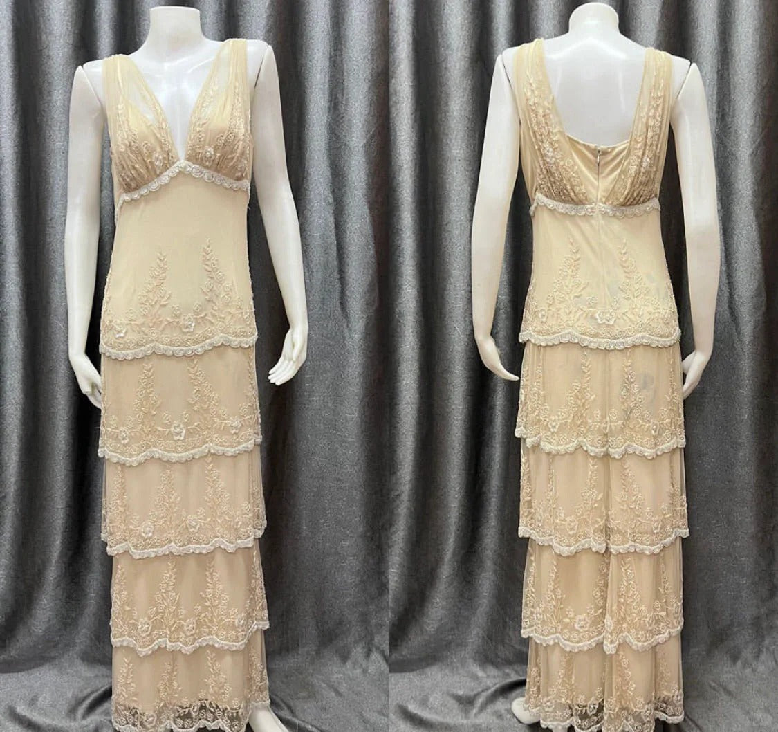 Robe de soirée élégante en mousseline de soie blanche nacrée, col en V, avec perles, simple, avec applications brodées, ED02011