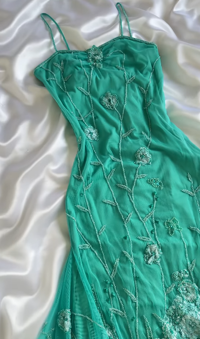 Robe de soirée en mousseline de soie turquoise à bretelles spaghetti, style conte de fées, robe de bal vintage en dentelle avec appliques, robe de soirée ED02012