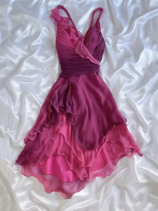 Fairytale Gothic V-neck A-Line Chiffon Party Dress Vintage Gradient Pink Short Prom Dress