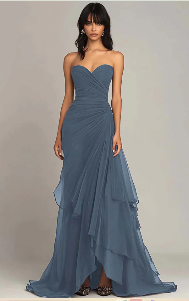 Elegant Mermaid Dark Green Sweetheart Tulle Long Prom Dresses Formal Evening Dresses with Rufflest ED02017
