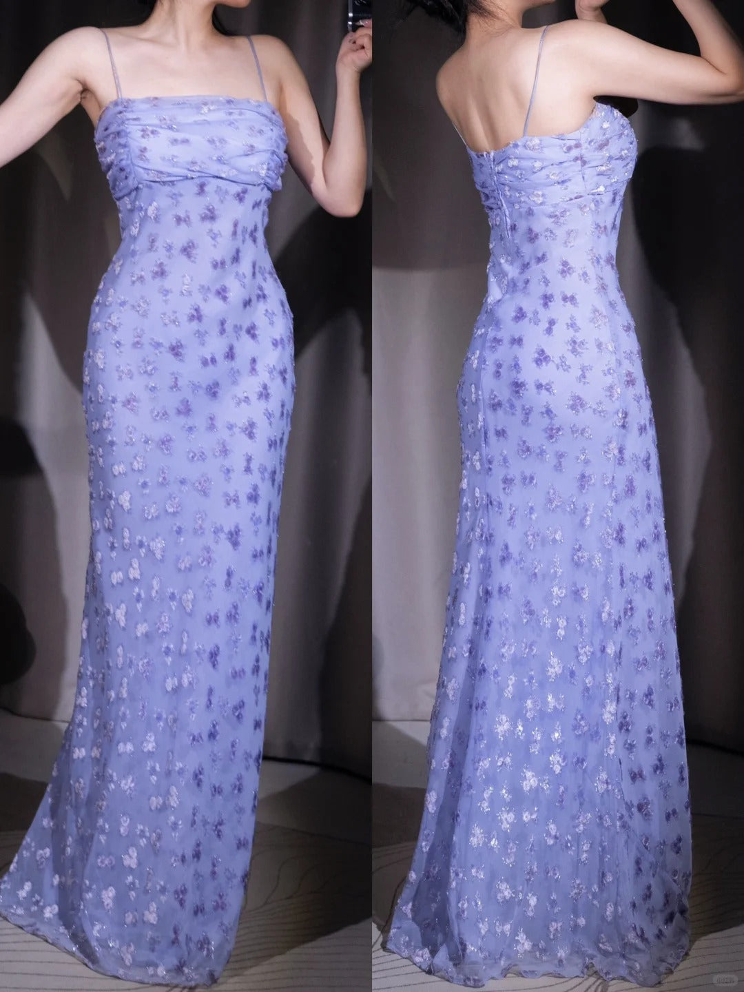 Gothic Elegant Purple Chiffon Sheath Party Dresses Spaghetti Straps Shiny Beaded Long Prom Dresses