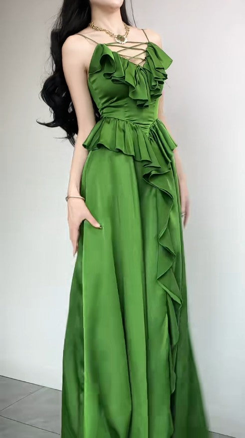 Elegant Sapphire Blue Spaghetti Strap V-Neck A-Line Party Dress Simple Satin Prom Dress