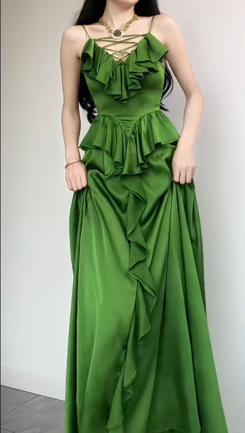 Elegant Sapphire Blue Spaghetti Strap V-Neck A-Line Party Dress Simple Satin Prom Dress