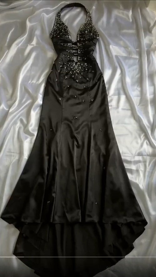 Elegant Black Deep V Neck Satin Mermaid Party Dresses Vintage Backless Beaded Evening Dress