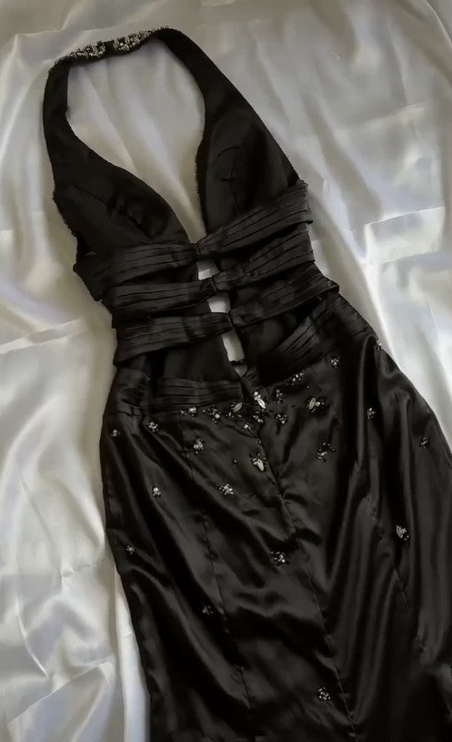 Elegant Black Deep V Neck Satin Mermaid Party Dresses Vintage Backless Beaded Evening Dress