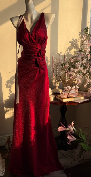 Elegant Burgundy Mermaid Jacquard Satin V-neck Evening Dress Simple Prom Dress ED02026
