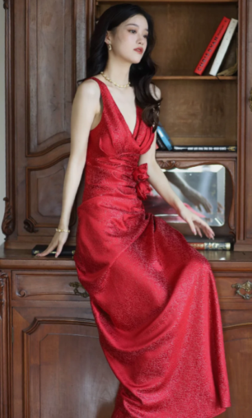 Elegant Burgundy Mermaid Jacquard Satin V-neck Evening Dress Simple Prom Dress ED02026
