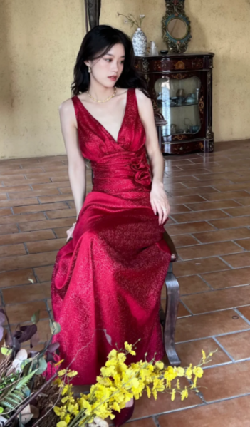 Elegant Burgundy Mermaid Jacquard Satin V-neck Evening Dress Simple Prom Dress ED02026